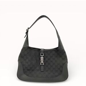Vintage Gucci GG Canvas Jackie Shoulder Bag in Black Canvas and Leather